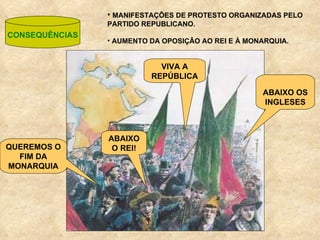 CONSEQUÊNCIAS MANIFESTAÇÕES DE PROTESTO ORGANIZADAS PELO  PARTIDO REPUBLICANO. AUMENTO DA OPOSIÇÃO AO REI E À MONARQUIA. ABAIXO O REI! QUEREMOS O FIM DA MONARQUIA VIVA A REPÚBLICA ABAIXO OS INGLESES 