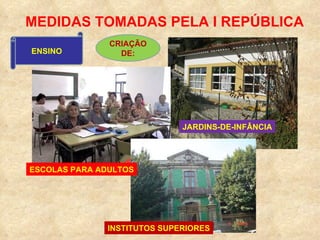 MEDIDAS TOMADAS PELA I REPÚBLICA ENSINO CRIAÇÃO DE: JARDINS-DE-INFÂNCIA ESCOLAS PARA ADULTOS INSTITUTOS SUPERIORES 