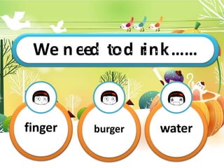 We nT
h
ei
s
ei
dsm
ty
o…
d…
…
ri…
n…
k. ……
finger burger water
 