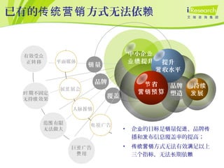 已有的 方式无法依传统营销 赖
品牌
覆盖
人脉推销
展 展会览
量销
平面媒体
范 有限围
无法做大
期不固定时
无持 效果续
巨 广告资
用费
广告电视
品牌
塑造
可持续
展发
中小企业
提升业绩 提升
收水平营
省节
算营销预
有效受众
正 移转
• 企 的目 是 量促 、品牌业 标 销 进 传
播和 布信息覆盖率的提高；发
• 方式无法有效 足以上传统营销 满
三个指 ，无法 期依标 长 赖
 