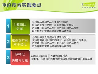 垂直搜索 践要点实
1
2
3
根据客 和户
手 化对 优
多 化样
分关键词 组
主 法题词
穷举
与自身品牌和 品相 的“主 ”产 关 题词 :
包括企 有品牌、企 所的行 特征、业专 业 业
品 （包括 品型号和名称）和 品特性产 线 产 产
以及相 的 活 和促 活 等等关 营销 动 销 动
与与目 受 的搜索 行 比，标 众 习惯进 对
交流原 就是用客 的 言，而不是用自己的 言。则 户 语 语
品 （包括 品型号和名称）和 品特性产 线 产 产
以及相 的 活 和促 活 等等关 营销 动 销 动
CASE : Expedia 的 分 模式关键词 组
多 度、多 次的 精化分 是搜索 的重要基维 层 关键词 组 营销 础
 