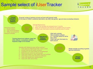 ① Overall  Evaluation  of China  Netizens ② Internet Panel  Recruit ③ Monitoring Software  installation ⑤ Weight  Samples ④ Sample  Screening Forecast number of netizens at home and work with forecast model At the base of CNNIC’s published data before July 2006, take gender, age and area as sampling indicators Panel Recruitment 1 ） Email invitation 2 ） User recommendation 3 ） Offline recruitment for infrequent samples Sample Maintenance 1 ） 15% of the samples are renewed every 3 months 2 ） Basic and advanced user features are updated every 6 months 3 ） Confirm user information by phone randomly every 6 months Tracking Internet and software usage with iClick software, a  proprietary software. Keyboard usage is not included. Samples with following cases will be excluded ： 1 ） Time spent on Internet less than 1 hour a week 2 ） Access internet with public computer 3 ） Computer is not used mainly by himself/herself 4 ） Multi-accounts owned by same people 5 ） Users who treated or visits single sites are excluded 6 ） Users take survey with reward as profession 7 ） Users with logical error questionnaires 8 ） Users with other abnormities Start with computer Non-mandatory software 0.1 Yuan/day reward for all the days online Learn real user information by bank account Weight samples according to gender, age area distribution Sample select of i User Tracker  