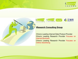iResearch Consulting Group China’s Leading Internet Data Product Provider China’s Leading Research Provider  Focuses on Internet Business China’s Leading Research Provider  Focuses on Online Advertising 