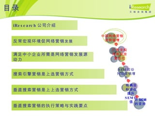 目录 中国网络营销 逆势猛增 明确目标受众提升 SEM 价值 SEM 拉动网络营销增长 广告主构成和投放复合化 垂直搜索营销的执行策略与实践要点 垂直搜索营销是上上选营销方式 搜索引擎营销是上选营销方式 满足中小企业所需是网络营销发展源动力 对 SEM 的坚持 反常宏观环境促网络营销 发展 iResearch 公司介绍 