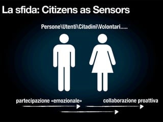La sfida: Citizens as Sensors
             PersoneUtentiCitadiniVolontari.....




   partecipazione «emozionale»          collaborazione proattiva
 
