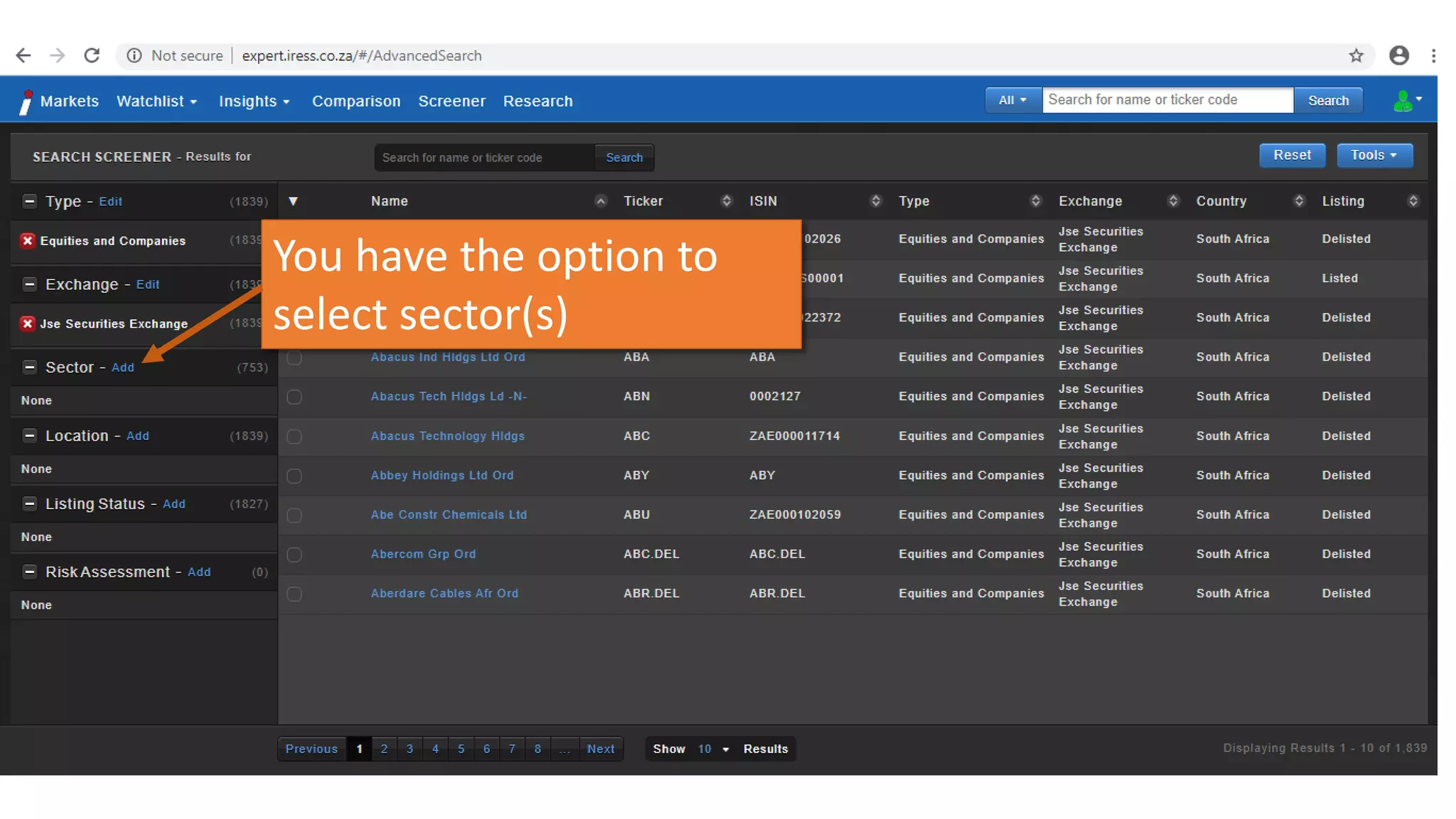 You have the option to
select sector(s)
 