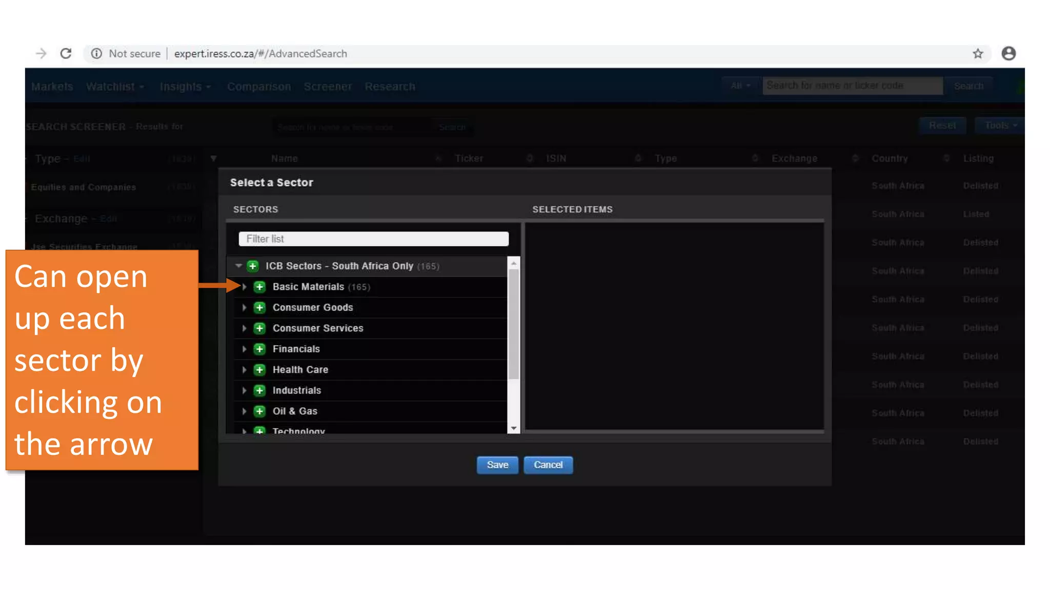 Can open
up each
sector by
clicking on
the arrow
 