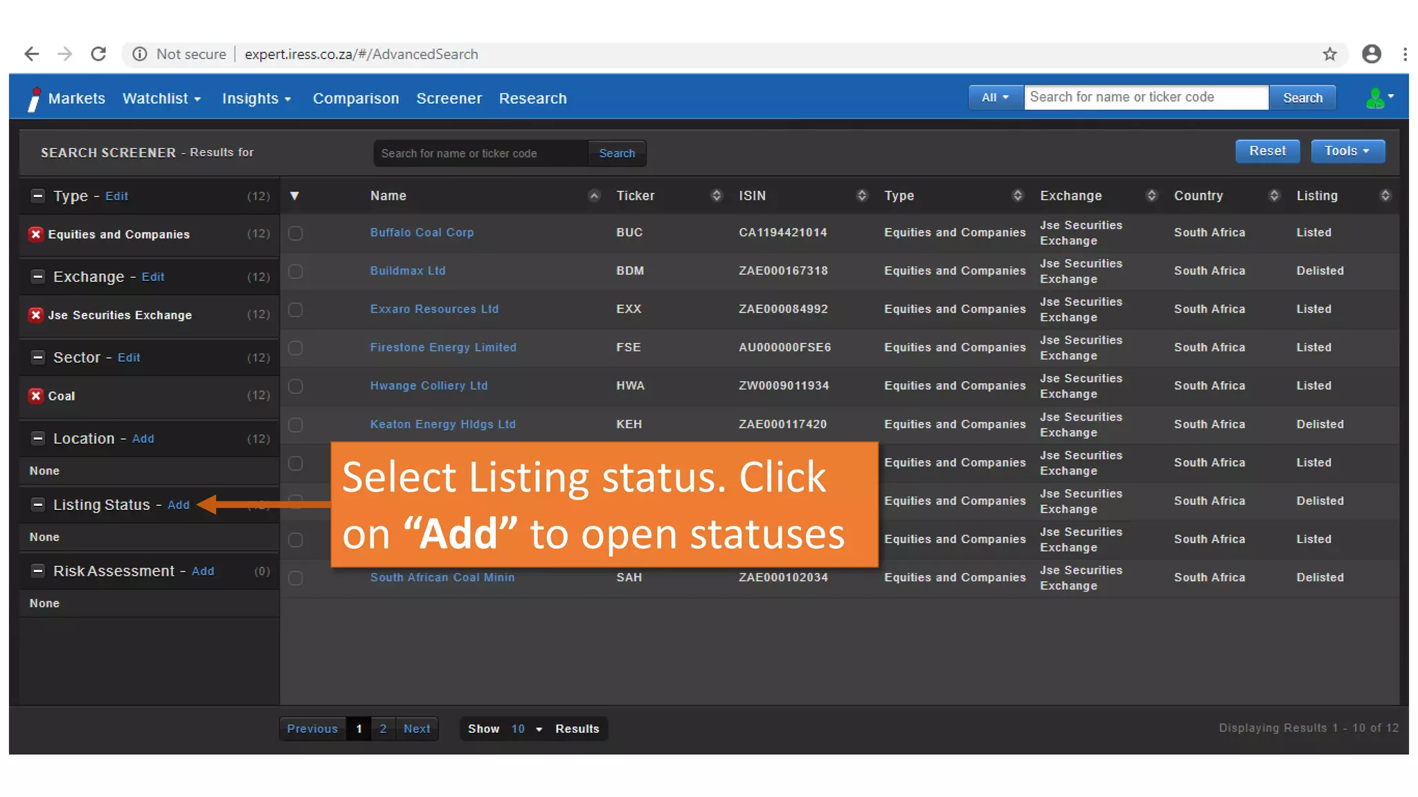 Select Listing status. Click
on “Add” to open statuses
 