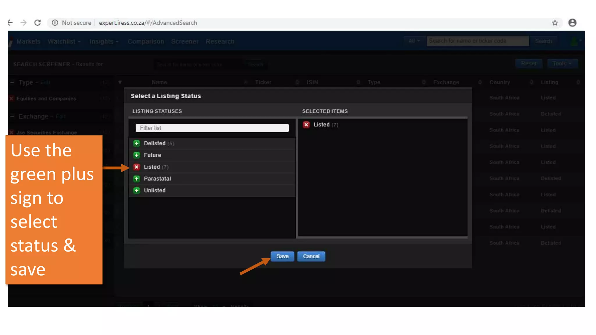 Use the
green plus
sign to
select
status &
save
 