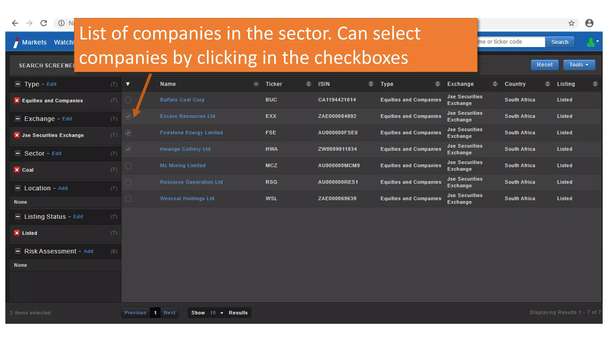 List of companies in the sector. Can select
companies by clicking in the checkboxes
 