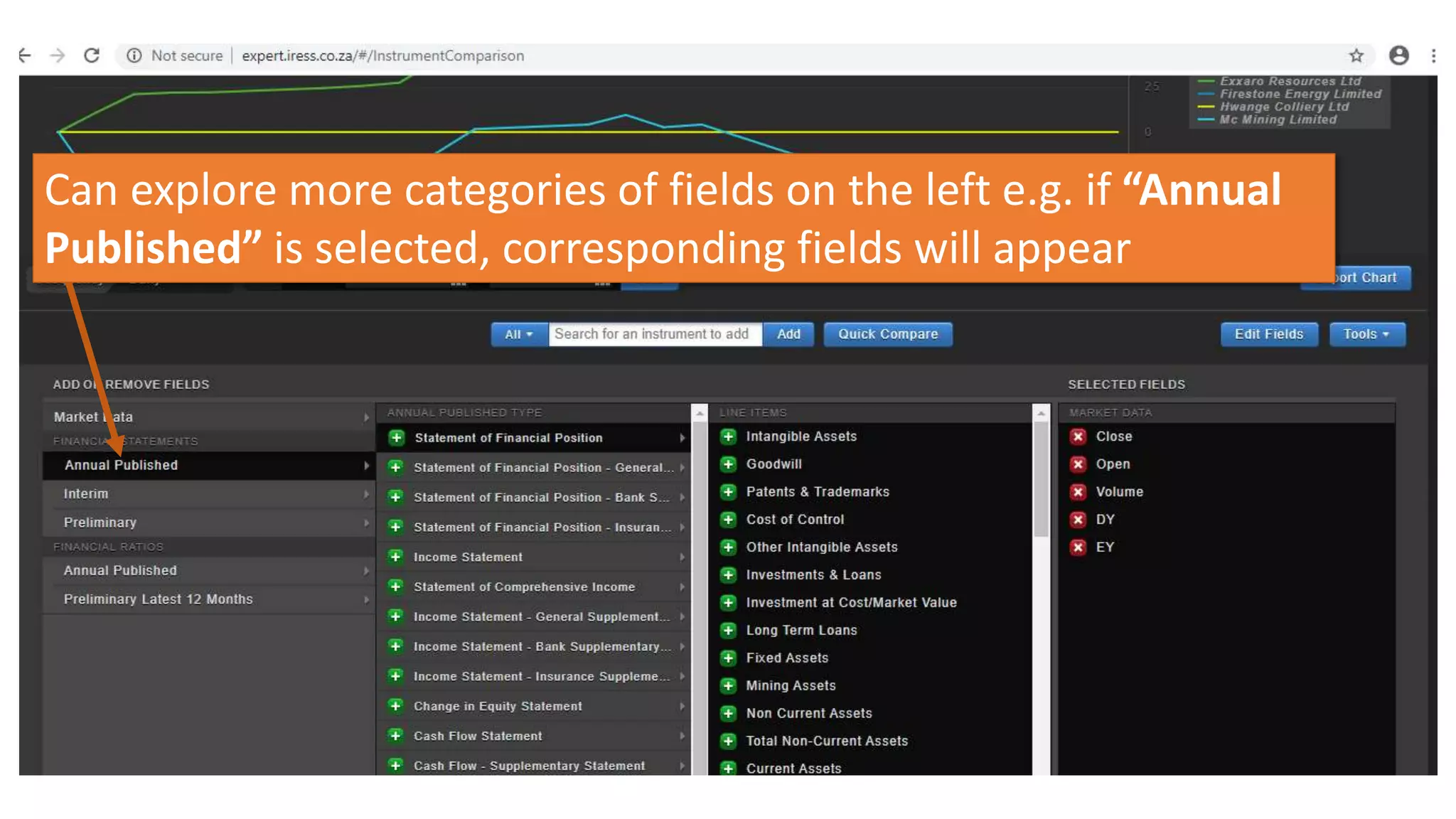 Can explore more categories of fields on the left e.g. if “Annual
Published” is selected, corresponding fields will appear
 