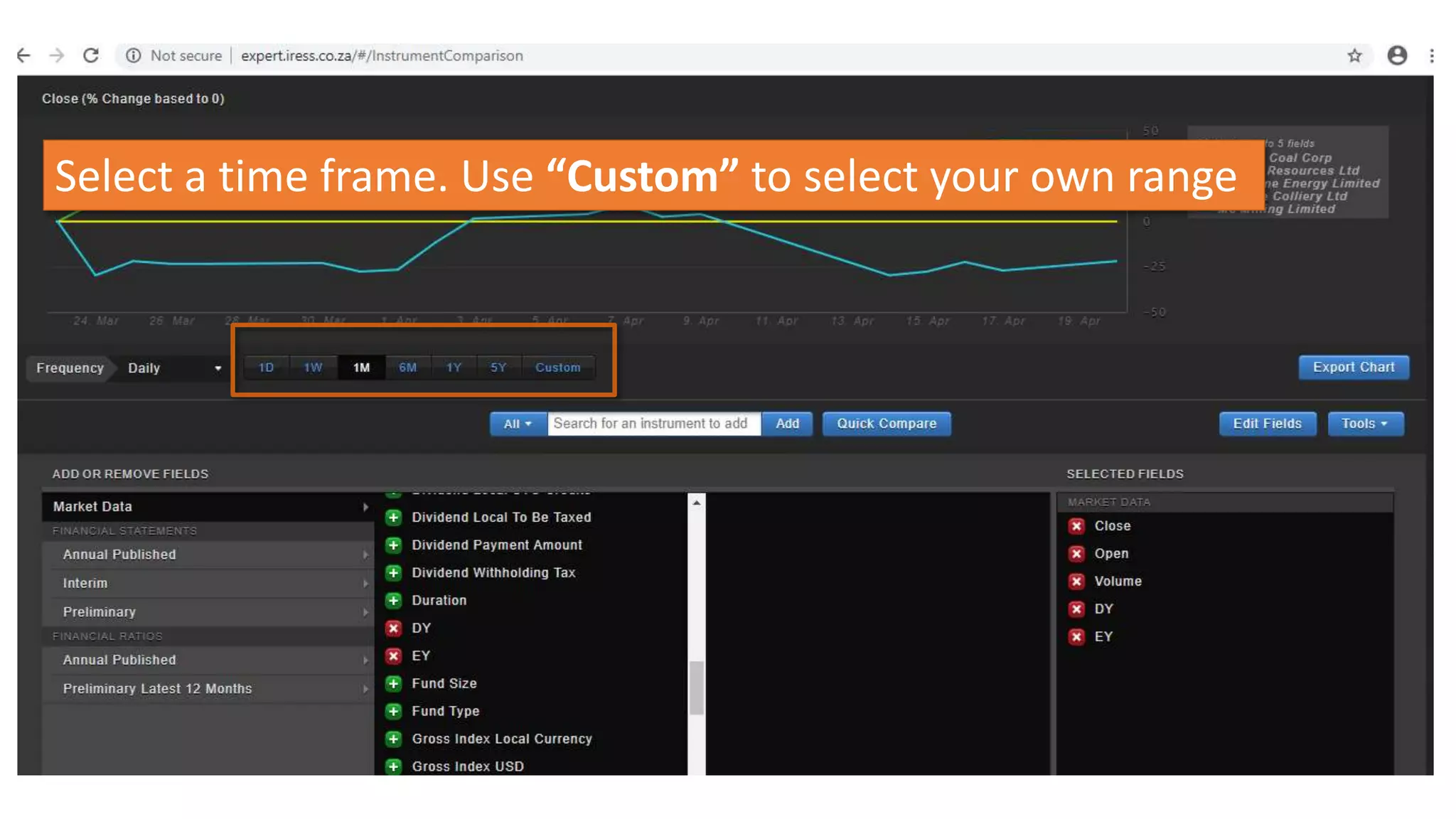 Select a time frame. Use “Custom” to select your own range
 