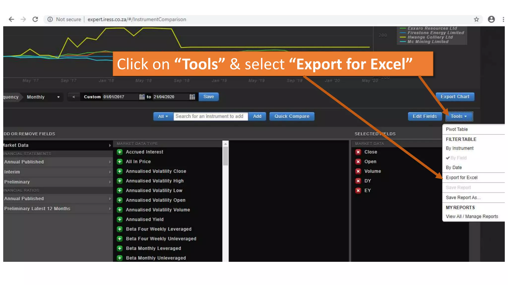 Click on “Tools” & select “Export for Excel”
 