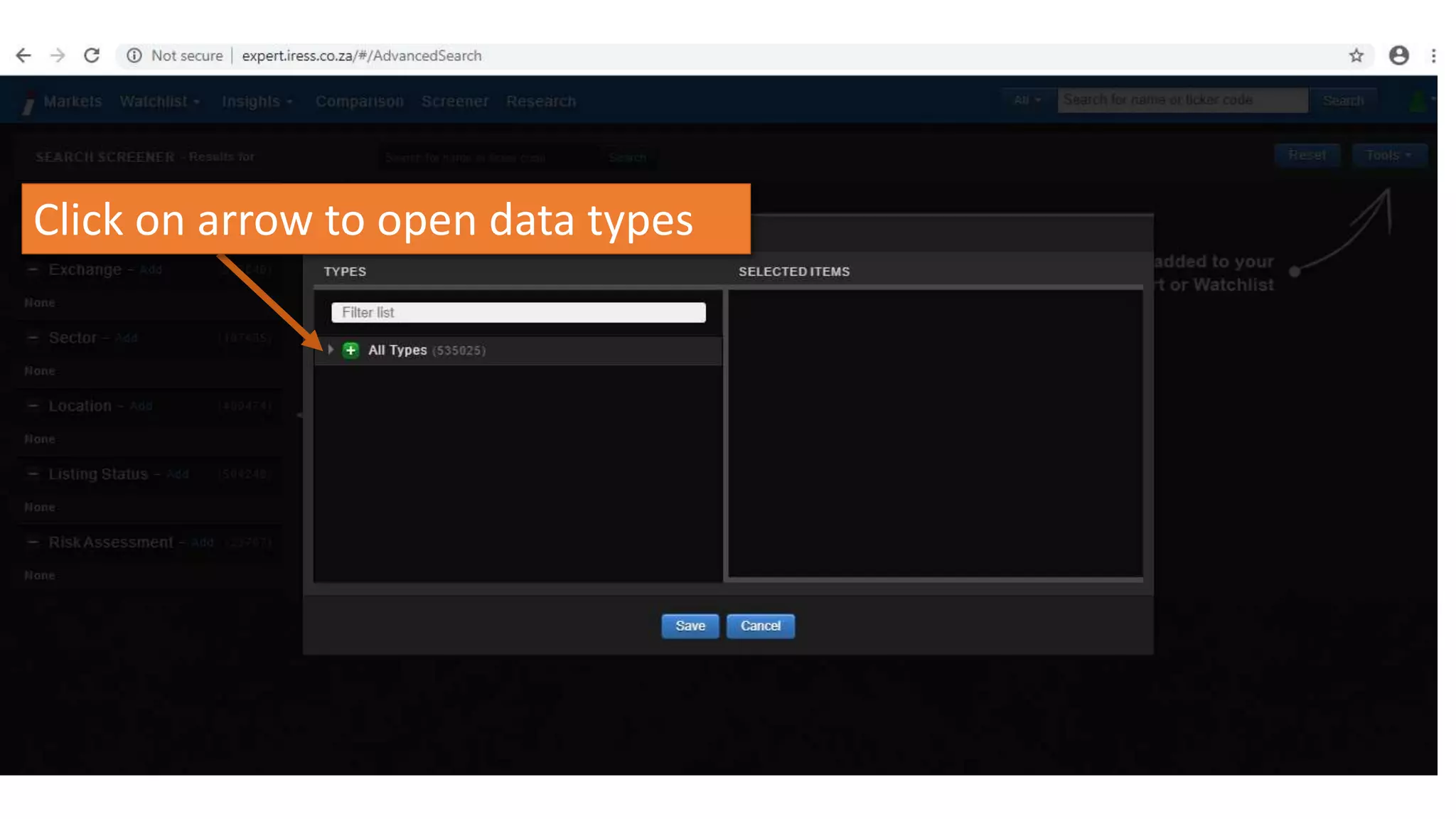 Click on arrow to open data types
 