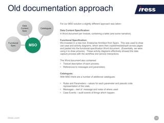 iress.com 10
Old documentation approach
For our MSO solution a slightly different approach was taken:
Data Content Specification:
A Word document per module, containing a table (and some narrative).
Functional Specification:
We invested in a new tool, Enterprise Architect from Sparx. This was used to draw
use case and activity diagrams, which were then copied/resized/split across pages
and pasted into the functional specification Word document. (Essentially, we were
using it to draw pictures). These activity diagrams effectively showed the data
capture process with the workflow and service interactions.
The Word document also contained:
• Textual description of each process.
• References to messages and parameters.
Catalogues:
With MSO there are a number of additional catalogues:
• Rules and Parameters – values for each parameter and pseudo code
representation of the rules.
• Messages – text of message and notes of where used
• Case Events – audit events of things which happen.
 