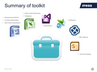 iress.com 12
Summary of toolkit
• Requirements Definition
• Functional Specification
• Data Content Specification
• Data Content Specification
• Catalogues
• Requirements
• Wireframes
• UML Diagrams
• Document Storage
 
