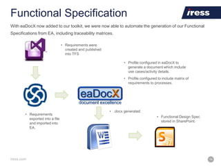 iress.com 19
Functional Specification
• Requirements were
created and published
into TFS
• Requirements
exported into a file
and imported into
EA.
• Functional Design Spec
stored in SharePoint.
With eaDocX now added to our toolkit, we were now able to automate the generation of our Functional
Specifications from EA, including traceability matrices.
• Profile configured in eaDocX to
generate a document which include
use cases/activity details.
• Profile configured to include matrix of
requirements to processes.
• .docx generated
 