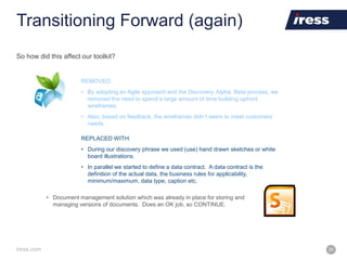 iress.com 25
Transitioning Forward (again)
So how did this affect our toolkit?
REMOVED
• By adopting an Agile approach and the Discovery, Alpha, Beta process, we
removed the need to spend a large amount of time building upfront
wireframes.
• Also, based on feedback, the wireframes didn’t seem to meet customers’
needs.
REPLACED WITH:
• During our discovery phrase we used (use) hand drawn sketches or white
board illustrations.
• In parallel we started to define a data contract. A data contract is the
definition of the actual data, the business rules for applicability,
minimum/maximum, data type, caption etc.
• Document management solution which was already in place for storing and
managing versions of documents. Does an OK job, so CONTINUE.
 