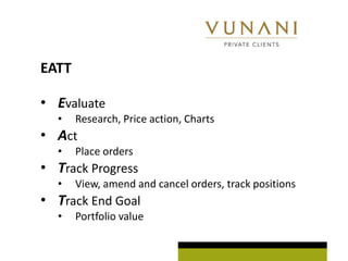 EATT

? Evaluate
  ?    Research, Price action, Charts
? Act
  ?    Place orders
? Track Progress
  ?    View, amend and cancel orders, track positions
? Track End Goal
  ?    Portfolio value
 