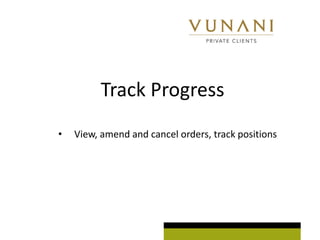 Track Progress
?   View, amend and cancel orders, track positions
 