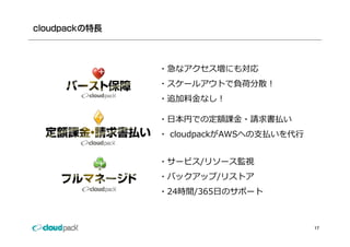 ・急なアクセス増にも対応
・スケールアウトで負荷分散！
・追加料⾦なし！
 追加料⾦なし！

・⽇本円での定額課⾦・請求書払い
・ cloudpackがAWSへの⽀払いを代⾏


・サービス/リソース監視
・バックアップ/リストア
 バックアップ/リストア
・24時間/365⽇のサポート



                          17
 