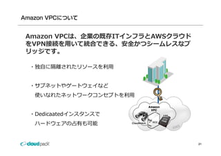Amazon VPCは、企業の既存ITインフラとAWSクラウド
をVPN接続を⽤いて統合できる、安全かつシームレスなブ
をVPN接続を⽤いて統合できる 安全かつシ ムレスなブ
リッジです。

・独⾃に隔離されたリソースを利⽤


・サブネットやゲートウェイなど
 使いなれたネットワークコンセプトを利⽤


・Dedicaatedインスタンスで
 D di   t dインスタンスで
 ハードウェアの占有も可能


                                  21
 