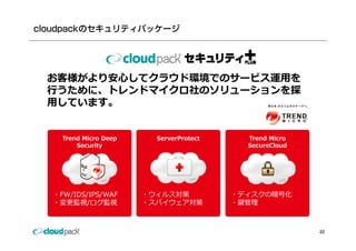 お客様がより安⼼してクラウド環境でのサービス運⽤を
⾏うために、トレンドマイクロ社のソリューションを採
⽤しています。


  Trend Micro Deep     ServerProtect     Trend Micro
      Security                           SecureCloud




・FW/IDS/IPS/WAF      ・ウィルス対策           ・ディスクの暗号化
・変更監視/ログ監視           ・スパイウェア対策         ・鍵管理



                                                       22
 