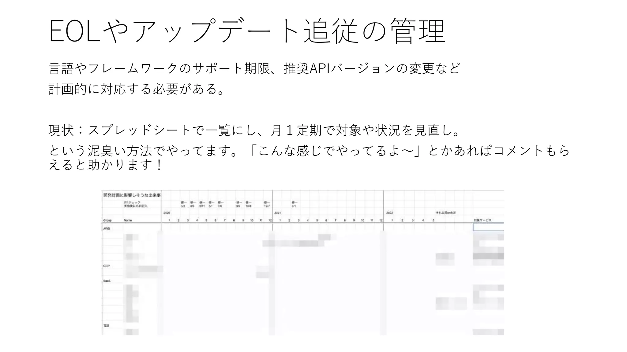 EOLやアップデート追従の管理
言語やフレームワークのサポート期限、推奨APIバージョンの変更など
計画的に対応する必要がある。
現状：スプレッドシートで一覧にし、月１定期で対象や状況を見直し。
という泥臭い方法でやってます。「こんな感じでやってるよ〜」とかあればコメントもら
えると助かります！
 