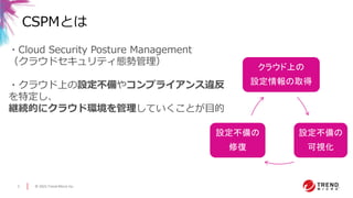 © 2021 Trend Micro Inc.
5
CSPMとは
クラウド上の
設定情報の取得
設定不備の
可視化
設定不備の
修復
・Cloud Security Posture Management
（クラウドセキュリティ態勢管理）
・クラウド上の設定不備やコンプライアンス違反
を特定し、
継続的にクラウド環境を管理していくことが目的
 