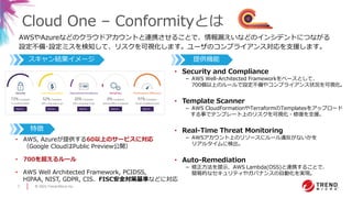 © 2021 Trend Micro Inc.
7
Cloud One – Conformityとは
スキャン結果イメージ 提供機能
特徴
AWSやAzureなどのクラウドアカウントと連携させることで、情報漏えいなどのインシデントにつながる
設定不備･設定ミスを検知して、リスクを可視化します。ユーザのコンプライアンス対応を支援します。
• Security and Compliance
－ AWS Well-Architected Frameworkをベースとして、
700個以上のルールで設定不備やコンプライアンス状況を可視化。
• Template Scanner
－ AWS CloudFormationやTerraformのTemplatesをアップロード
する事でテンプレート上のリスクを可視化・修復を支援。
• Real-Time Threat Monitoring
－ AWSアカウント上のリソースにルール違反がないかを
リアルタイムに検出。
• Auto-Remediation
－ 修正方法を提示、AWS Lambda(OSS)と連携することで、
簡易的なセキュリティやガバナンスの自動化を実現。
• AWS, Azureが提供する60以上のサービスに対応
（Google CloudはPublic Preview公開）
• 700を超えるルール
• AWS Well Architected Framework, PCIDSS,
HIPAA, NIST, GDPR, CIS、FISC安全対策基準などに対応
 
