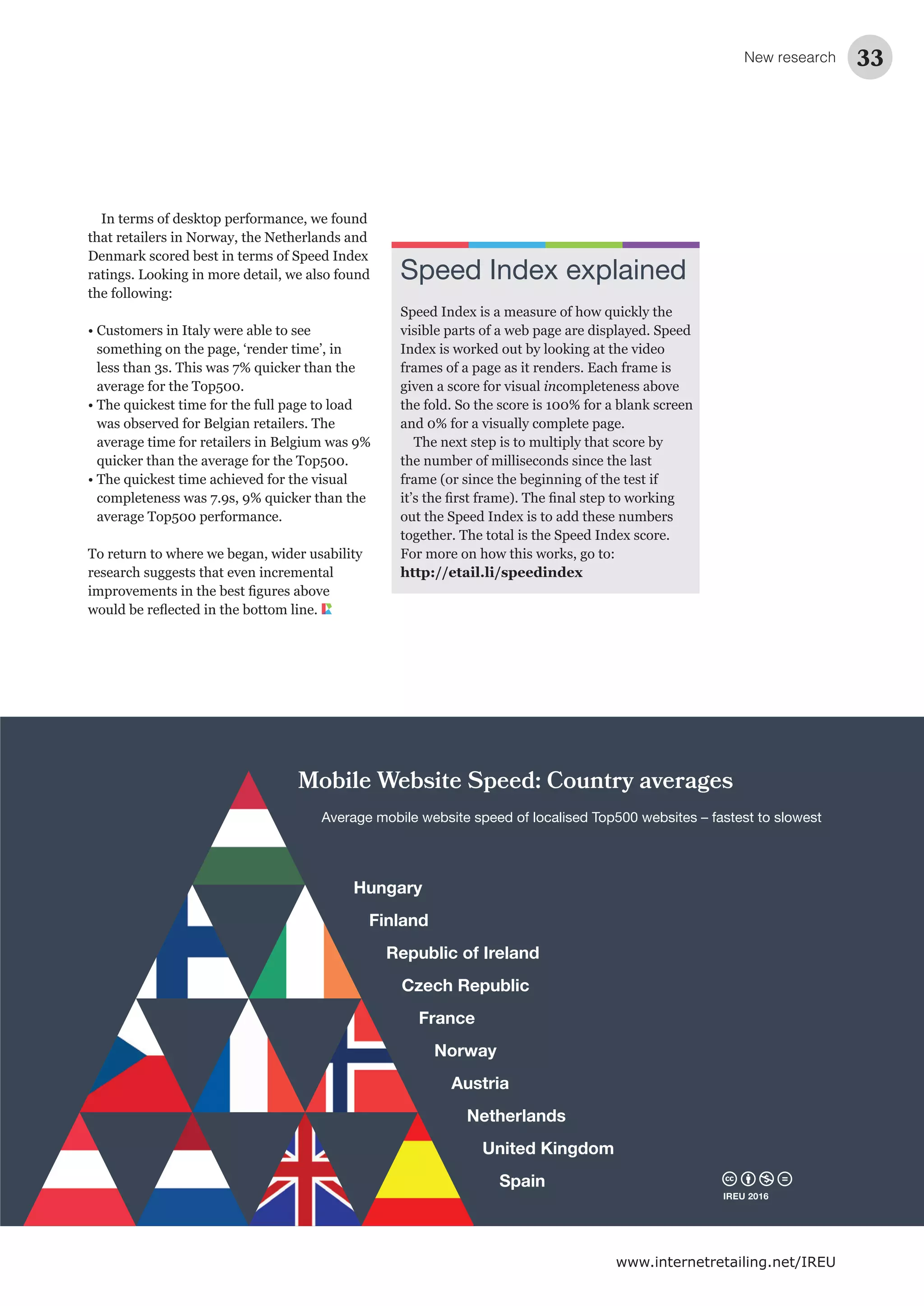 New research 33
www.internetretailing.net/IREU
In terms of desktop performance, we found
that retailers in Norway, the Netherlands and
Denmark scored best in terms of Speed Index
ratings. Looking in more detail, we also found
the following:
• Customers in Italy were able to see
something on the page, ‘render time’, in
less than 3s. This was 7% quicker than the
average for the Top500.
• The quickest time for the full page to load
was observed for Belgian retailers. The
average time for retailers in Belgium was 9%
quicker than the average for the Top500.
• The quickest time achieved for the visual
completeness was 7.9s, 9% quicker than the
average Top500 performance.
To return to where we began, wider usability
research suggests that even incremental
Mobile Website Speed: Country averages
Average mobile website speed of localised Top500 websites – fastest to slowest
IREU 2016
Hungary
Finland
Republic of Ireland
Czech Republic
France
Norway
Austria
Netherlands
United Kingdom
Spain
Speed Index explained
Speed Index is a measure of how quickly the
visible parts of a web page are displayed. Speed
Index is worked out by looking at the video
frames of a page as it renders. Each frame is
given a score for visual incompleteness above
the fold. So the score is 100% for a blank screen
and 0% for a visually complete page.
The next step is to multiply that score by
the number of milliseconds since the last
frame (or since the beginning of the test if
out the Speed Index is to add these numbers
together. The total is the Speed Index score.
For more on how this works, go to:
http://etail.li/speedindex
 