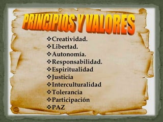 Creatividad.
Libertad.
Autonomía.
Responsabilidad.
Espiritualidad
Justicia
Interculturalidad
Tolerancia
Participación
PAZ
 