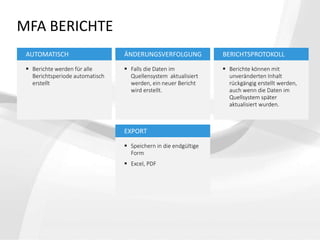 AUTOMATISCH
 Berichte werden für alle
Berichtsperiode automatisch
erstellt
BERICHTSPROTOKOLL
 Berichte können mit
unveränderten Inhalt
rückgängig erstellt werden,
auch wenn die Daten im
Quellsystem später
aktualisiert wurden.
ÄNDERUNGSVERFOLGUNG
 Falls die Daten im
Quellensystem aktualisiert
werden, ein neuer Bericht
wird erstellt.
EXPORT
 Speichern in die endgültige
Form
 Excel, PDF
MFA BERICHTE
 