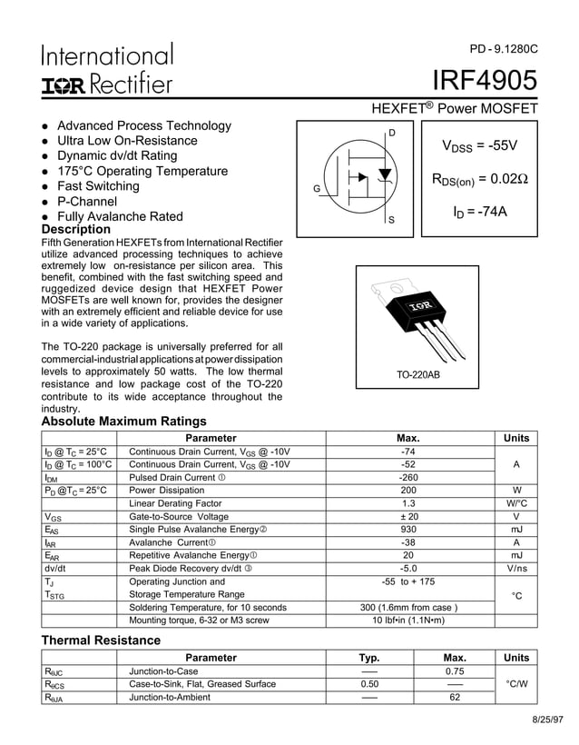 Chanzon IRF4905 TO-220AB PMOS P-Channel Power MOSFET Transistors - Pack Of 10pcs, High Power Switching