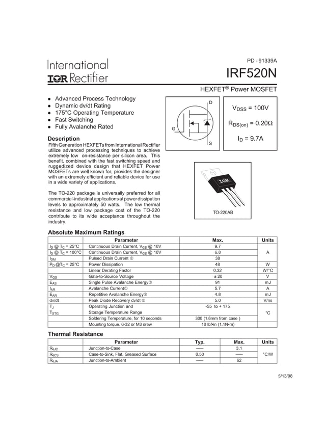 Original N-Channel Mosfet IRF520N 520 100V 9.2A TO-220 New IR | PDF