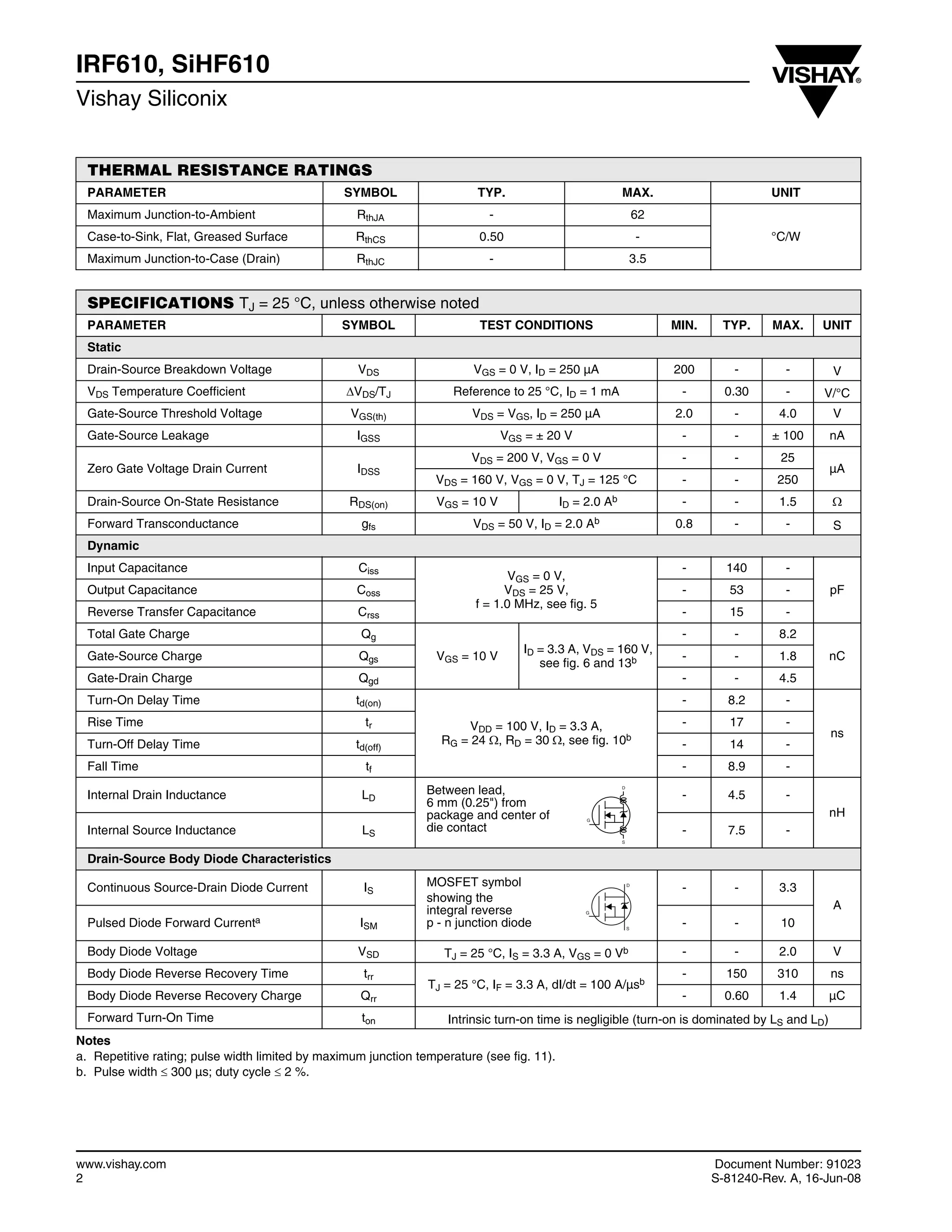 MOSFET A Canale N IRF610 - 200V 3.3A - Intersil - TO-220 - Per Alimentatori Switching