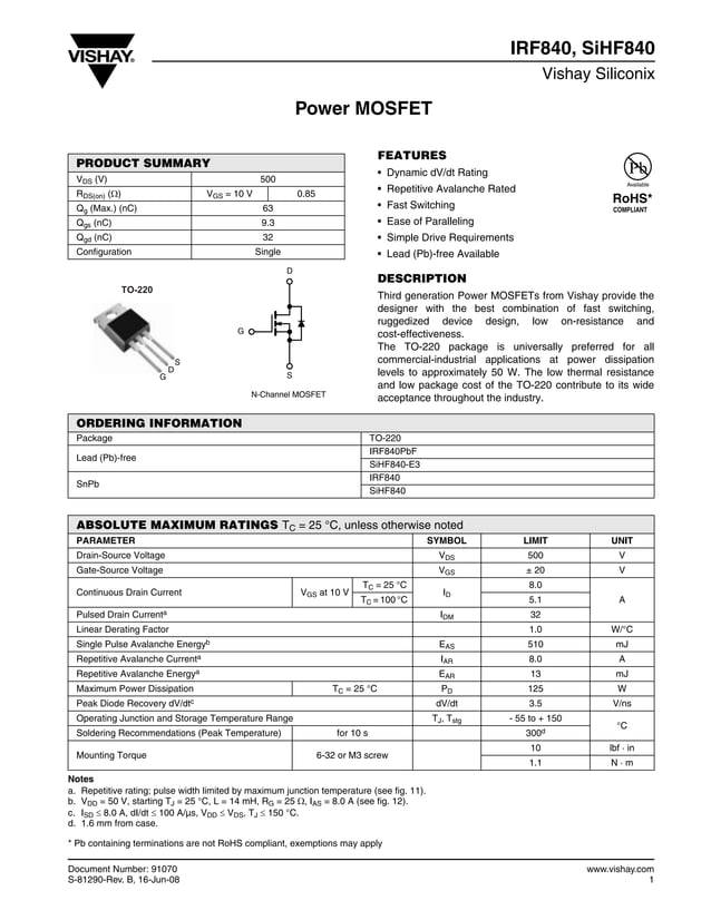 10 Transistor IRF830 Power MOSFET N-Channel, 500V 4.5A, TO-220, International Rectifier