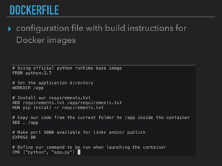 DOCKERFILE
▸ conﬁguration ﬁle with build instructions for
Docker images
 