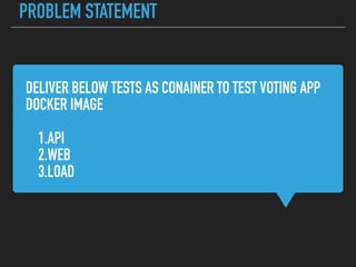 DELIVER BELOW TESTS AS CONAINER TO TEST VOTING APP
DOCKER IMAGE
1.API
2.WEB
3.LOAD
PROBLEM STATEMENT
 