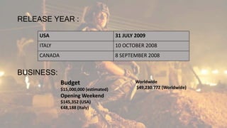 RELEASE YEAR :
USA 31 JULY 2009
ITALY 10 OCTOBER 2008
CANADA 8 SEPTEMBER 2008
BUSINESS:
Budget
$15,000,000 (estimated)
Opening Weekend
$145,352 (USA)
€48,188 (Italy)
 