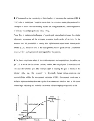 With stage three, the complexity of the technology is increasing, but customer (G2C &

G2B) value is also higher. Complete transactions can be done without going to an office.

Examples of online services are filing income tax, filing property tax, extending/renewal

of licenses, visa and passports and online voting.

Phase three is made complex because of security and personalization issues. E.g. digital

(electronic) signatures will be necessary to enable legal transfer of services. On the

business side, the government is starting with e-procurement applications. In this phase,

internal (G2G) processes have to be redesigned to provide good service. Government

needs new laws and legislation to enable paperless transactions.



  The fourth stage is the when all information systems are integrated and the public can

get G2C & G2B services at one (virtual) counter. One single point of contact for all

services is the ultimate goal. The complex aspect in reaching this goal is mainly on the

internal   side,   e.g.   the   necessity   to   drastically change culture, processes and

responsibilities within the government institution (G2G). Government employees in

different departments have to work together in a smooth and seamless way. In this phase

cost savings, efficiency and customer satisfaction are reaching highest possible levels.




                                                                                           12
 