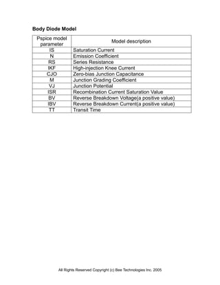 Body Diode Model
 Pspice model
                                       Model description
  parameter
       IS        Saturation Current
       N         Emission Coefficient
      RS         Series Resistance
      IKF        High-injection Knee Current
     CJO         Zero-bias Junction Capacitance
       M         Junction Grading Coefficient
       VJ        Junction Potential
     ISR         Recombination Current Saturation Value
      BV         Reverse Breakdown Voltage(a positive value)
     IBV         Reverse Breakdown Current(a positive value)
       TT        Transit Time




         All Rights Reserved Copyright (c) Bee Technologies Inc. 2005
 