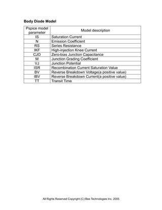 Body Diode Model
 Pspice model
                                       Model description
  parameter
       IS       Saturation Current
       N        Emission Coefficient
      RS        Series Resistance
      IKF       High-injection Knee Current
     CJO        Zero-bias Junction Capacitance
       M        Junction Grading Coefficient
       VJ       Junction Potential
     ISR        Recombination Current Saturation Value
      BV        Reverse Breakdown Voltage(a positive value)
     IBV        Reverse Breakdown Current(a positive value)
       TT       Transit Time




          All Rights Reserved Copyright (C) Bee Technologies Inc. 2005
 