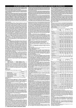 IN THE NATURE OF FORM 2A - MEMORANDUM CONTAINING SALIENT FEATURES OF THE PROSPECTUS
applicants who have invested on repatriation basis. Any change in the Exchange Control Regulations may adversely                 of exchange rate risk on the Indian rupee and risks associated with the conversion of Indian rupee proceeds into foreign             for the ` 20,59,438 lakhs long term borrowing programme of the Company (“Debt Programme”) vide its letter no. VR/
affect the ability of such NRIs and FIIs to convert such amounts into other currencies, in a timely manner or at all. Further,   currency. Investors are subject to currency fluctuation risk and convertibility risk since the Bonds are quoted in Indian rupees     FSR/IRFC/2011-12/1208 dated December 14, 2011. ICRA has reaffirmed the credit rating of “[ICRA] AAA” (pronounced
fluctuations in the exchange rates between the Indian rupee and other currencies could adversely affect the amounts              on the Indian stock exchanges on which they are listed. Returns on the Bonds will also be paid in Indian rupees. The volatility      “ICRA triple A”) of the Debt Programme of the Company vide its letter no. D/RAT/2011-2012/11/13 dated December
realized by NRIs and FIIs on redemption or payment of interest on the Bonds by us.                                               of the Indian rupee against the U.S. dollar and other currencies subjects investors who convert funds into Indian rupees to          19, 2011. CARE has reaffirmed the credit rating of “CARE AAA” (pronounced as “CARE triple A”) for the Debt
34. There may be a delay in making refunds to applicants.: We cannot assure that the monies refundable to applicants,            purchase our bonds to currency fluctuation risks.                                                                                    Programme of the Company vide its letter dated December 14, 2011. Further international rating agencies like Japan
on account of (a) withdrawal applications, (b) withdrawal of the Issue, or (c) failure to obtain the final approval from the     36. You maynot be able to recover, on a timely basis orat all,the fullvalue ofthe outstandingamounts and/orthe interest              Credit Rating Agency Limited has affirmed its BBB+ rating on the long term senior debts and the Japanese Yen bonds
exchanges for listing of Bonds, (d) non allotment due to technical rejections or over subscriptions, will be refunded to         accrued thereon in connection with the Bonds.: Our ability to pay interest accrued on the Bonds and/or theprincipal amount           issued by the Company and Standard and Poor’s has assigned BBB- rating to the foreign currency and the local currency
the applicants in a timely manner.                                                                                               outstanding from time to time in connection therewith would be subject to various factors, including our financial                   issues and senior unsecured issues. For further details, see section titled “Our Business” on page 55 of the Shelf
35. Risks relatingto anyinternational regulations, taxationrules applyas the Issuemay bemarketed toFIIs.:TheBondshavenot         condition, profitability and the general economic conditions in India and the global financial markets. We cannot assure             Prospectus. These ratings may be suspended, withdrawn or revised at any time. Any revision or downgrading in the
been recommended by any U.S. federal or state securities commission or regulatory authority. Furthermore, the foregoing          you that we would be able to repay the principal amount outstanding from time to time on the Bonds and/or the interest               credit rating may lower the trading price of the Bonds and may also affect our ability to raise further debt. For the rationale
authorities have not confirmed the accuracy or determined the adequacy of the Shelf Prospectus. Any representation to            accrued thereon in a timely manner, or at all.                                                                                       for these ratings, see Annexure II of the Shelf Prospectus.
the contrary is a criminal offence in the United States and may be a criminal offence in other jurisdictions. The Bonds have     37. Changes in prevailing interest rates may affect the price of theBonds. :All securities wherea fixedrate of interest isoffered,   39. Payments made on the Bonds will be subordinate to certain tax and other liabilities as laid down by law. :TheBonds
not been and will not be registered under the U.S. Securities Act of 1933, as amended (the “U.S. Securities Act”) or any         such as the Bonds, are subject to price risk. The price of such securities will vary inversely with changes in prevailing            will be subordinate to certain liabilities preferred by law such as to claims of the Government on account of taxes,
state securities laws in the United States and may not be offered or sold within the United States under the U.S. Securities     interest rates, i.e., when interest rates rise, prices of fixed income securities fall and when interest rates drop, the prices      and certain liabilities incurred in the ordinary course of our transactions. In particular, in the event of bankruptcy,
Act, except pursuant to an exemption from, or in a transaction not subject to, the registration requirements of the U.S.         increase. The extent of fall or rise in the prices is a function of the existing coupon rate, days to maturity and the increase      liquidation or winding-up, our assets will be available to pay obligations on the Bonds only after all of the liabilities
Securities Act and applicable state securities laws in the United States. Further, any person making or intending to make        or decrease in the level of prevailing interest rates. Increased rates of interest, which frequently accompany inflation             that rank senior to these Bonds have been paid. In the event of bankruptcy, liquidation or winding-up, there may
an offer within the European Economic Area of Bonds which are the subject of the Issue contemplated in the Shelf                 and/or a growing economy, are likely to have a negative effect on the trading price of the Bonds.                                    not be sufficient assets remaining, after paying the aforesaid senior ranking claims, to pay amounts due on the
Prospectus should only do so in circumstances in which no obligation arises for IRFC to produce a prospectus for such offer.     38. Any downgradingin ourdomestic and international credit rating ofour Bondsmay affectthe trading price of ourBonds.                Bonds. Further, there is no restriction on the amount of debt securities that we may issue that may rank above the
Additionally, our Bonds are quoted in Indian rupees in India and investors may be subject to potential losses arising out        : CRISIL has reaffirmed the credit rating of “CRISIL AAA/Stable” (pronounced as “CRISIL Triple A with stable outlook”)               Bonds. The issue of any such debt securities may reduce the amount recoverable by investors in the Bonds on our
                                                                                                                                                                                                                                                                      bankruptcy, winding-up or liquidation.
GENERAL INFORMATION                                                                                                              repatriable basis. Under the provisions of the Foreign Exchange Management (Borrowing and Lending                                    Lakhs.
Our Company was incorporated on December 12, 1986 under the Companies Act as a public limited                                    in Rupees) Regulations, 2000, as amended, any monies borrowed from a person resident outside India                                   Mechanism for redressal of Investor grievances : Karvy Computershare Private Limited has been appointed
company registered with the Registrar of Companies, National Capital Territory of Delhi and Haryana                              cannot be used: (a) for any purpose except in ones own business other than (i) the business of chit fund,                            as the Registrar to the Issue to ensure that Investor grievances are handled expeditiously and
and received our certificate for commencement of business on December 23, 1986. The GoI, Ministry of                             (ii) as Nidhi Company, (iii) agricultural or plantation activities or real estate business; or construction of                       satisfactorily and to effectively deal with Investor complaints. All grievances relating to the Issue
Railways, incorporated our Company as a financial arm of Indian Railways, for the purpose of raising                             farm houses; or (iv) trading in Transferable Development Rights (TDRs); or (b) for any investment, whether                           should be addressed to the Registrar to the Issue and the Compliance Officer giving full details of
the necessary resources for meeting the developmental needs of the Indian Railways. The President of                             by way of capital or otherwise, in any company or partnership firm or proprietorship concern or any entity,                          the Applicant, number of Bonds applied for, amount paid on application and Bankers to the Issue
India along with nominees is holding 100% of our equity share capital. For further details see section                           whether incorporated or not, or for the purpose of re-lending. To ensure compliance with the aforementioned,                         / Designated Collection Centre / Agent to which the application was submitted.
titled “History and Certain Corporate Matter” on page 70 of the Shelf Prospectus. The Ministry of Corporate                      the Company shall open and maintain a separate escrow account with the Escrow Collection Bank(s) in                                  FINANCIAL INFORMATION
Affairs, through its notification dated October 8, 1993 published in the Official Gazette of India, classified                   connection with all application monies received from NRIs, (“NRI Escrow Account”). All application                                   Statement of Asset and Liability for last Five Years and Latest Period:
our Company, as a Public Financial Institution under Section 4(A) of the Companies Act. Our Company                              monies received from NRI applicants shall be deposited in the NRI Escrow Account maintained with                                                                                                                                                       (` in Lacs)
was registered with the RBI under 45-IA of RBI Act as a Non-Banking Finance Company without                                      each Escrow Collection Bank(s). Upon creation of security as disclosed in the Shelf Prospectus, the                                     Particulars                                 Schedule     Audited for                                        Audited for the year ended
accepting public deposits vide certificate of registration no. B-14.00013 dated February 16, 1998. The                           Escrow Collection Bank(s) shall transfer the monies from the NRI Escrow Accounts to a separate bank                                                                                            Halfyearended             31.03.11           31.03.10         31.03.09        31.03.08              31.03.07
Company was later classified under the category “Infrastructure Finance Company” by the RBI through                              account, (“NRI Account”), which shall be different from the Public Issue Account. The Company shall at                                                                                              30.09.2011
a fresh certificate of registration bearing no. B-14.00013 dated November 22, 2010. CBDT has vide its                            all times ensure that any monies kept in the NRI Escrow Account and/or the NRI Account shall be utilised                             Sources of Funds
Notification No. 52/2011 [F.No. 178/56/2011-(ITA 1)] dated September 23, 2011 authorised the Company                             only in accordance with and subject to the restrictions contained in the Foreign Exchange Management                                   1. Shareholders’ Funds
to raise tax free Bonds aggregating up to ` 10,00,000 lakhs in one or more tranches in the Fiscal Year                           (Borrowing and Lending in Rupee) Regulations, 2000, and other applicable statutory and/or regulatory                                      i. Share Capital                             1       16 0,2 00. 00 16 0,2 00. 00           10 9,1 00. 00 50 ,00 0. 00 50 ,00 0. 00                 23 ,20 0. 00
2012, out of which, the Company has already raised through private placement route, an amount of `                               requirements.                                                                                                                             ii. Share Application Money                                       -             -                       - 30 ,00 0. 00              -              26 ,80 0. 00
73,111 lakhs. The deemed date of allotment was November 8, 2011 and the date of refund was                                       Issue Expenses* : For details please refer to page no. 23 of the Prospectus Tranche - 1.                                                  iii. Reserves and Surplus                    2       28 8,5 49. 60 26 8,3 96. 61           23 1,4 47. 95 19 8,0 70. 46 19 2,5 76. 46              16 2,1 24. 63
December 1, 2011. The listing and trading in these bonds have commenced on NSE and BSE from                                      Undertakings with respect to Issue Proceeds : The Company undertakes the following: 1. That in accordance                                                                                          448,749.60    428,596.61              340,547.95    278,070.46    242,576.46                 212,124.63
December 11, 2011 and December 8, 2011 respectively. Hence, the Company shall issue the Bonds upto                               with the SEBI Debt Regulations, it will not utilize the issue proceeds for providing loans to or acquisition                            2. Loan Funds                                  3
an aggregate amount of ` 6,30,000 lakhs through this Issue during the financial year 2011-12 out of the                          of shares of any person who is part of the same group or who is under the same management; 2. Other                                        i. Secured
total permissible amount of ` 10,00,000 lakhs, as approved by its Board through its resolution dated                             than as mentioned in the section titled “Objects of the Issue”, the Issue proceeds shall not be utilized                                   - In India                                          3,484,260.61 3,110,939.11             2,778,269.76 2,240,248.18 1,884,459.82                 1,614,605.96
January 10, 2012. Registered Office : UG Floor, East Tower, NBCC Place, Pragati Vihar, Lodhi Road,                               towards full or part consideration for the purchase or any acquisition, including by way of a lease, of any                                - Outside India                                      15 ,44 4. 45 14 ,73 4. 50             16 ,20 0. 00 19 ,77 6. 90 16 ,80 0. 00                 19 ,58 8. 50
New Delhi -110 003. Tel.: +91 11 2436 9766/69. Fax: +91 11 2436 6710. Website: www.irfc.nic.in. For                              property; and 3. The Issue Proceeds from Bonds allotted to Banks will not be utilized for any purpose                                                                                            3,499,705.06 3,125,673.61             2,794,469.76 2,260,025.08 1,901,259.82                 1,634,194.46
details on changes in our Registered Office, see “History and Certain Corporate Matters” on page 70 of the                       which may be in contravention of the RBI guidelines on bank financing to NBFCs including those relating                                   ii. Unsecured Loans
Shelf Prospectus.                                                                                                                to classification as capital market exposure or any other sectors that are prohibited under the RBI                                       - In India                                   -                    - 14 4,8 99. 82          12 4,6 16. 00 19 4,7 50. 00 17 7,3 20. 00
Credit Rating and Rationale                                                                                                      regulations.                                                                                                                              - Outside India                                      84 5,6 98. 69 68 6,7 74. 02           42 1,4 87. 89 35 4,2 29. 89 31 3,8 46. 95              36 7,9 02. 05
1. CRISIL has reaffirmed the credit rating of “CRISIL AAA/Stable” (pronounced as “CRISIL Triple A with                           STATEMENT OF TAX BENEFITS : For details please refer to page no. 25 of the Prospectus Tranche - 1.                                                                                                 845,698.69     686,774.02             566,387.71    478,845.89    508,596.95                 545,222.05
stable outlook”) for ` 20,59,438 lakhs long term borrowing programme of the Company (“Debt Programme”)                           INDUSTRY OVERVIEW : For details please refer to page no. 48 of the Shelf Prospectus.                                                       Total Loan Funds                                      4,345,403.75 3,812,447.63             3,360,857.47 2,738,870.97 2,409,856.77                 2,179,416.51
vide its letter no. VR/FSR/IRFC/2011-12/1208 dated December 14, 2011. Instruments with this rating                               OUR BUSINESS : For details please refer to page no. 55 of the Shelf Prospectus.                                                         3. Deferred Tax Liability (Net)                            283,891.42     270,143.21             246,702.23    225,655.23    185,465.08                 171,014.01
are considered to have the highest degree of safety regarding timely servicing of financial obligations.                         REGULATIONS AND POLICIES : For details please refer to page no. 65 of the Shelf Prospectus.                                                Total                                                 5,078,044.77 4,511,187.45             3,948,107.65 3,242,596.66 2,837,898.31                 2,562,555.15
Such instruments carry lowest credit risk. 2. ICRA has reaffirmed the credit rating assigned of “[ICRA]                          HISTORY AND CERTAIN CORPORATE MATTERS : For details please refer to page no. 70 of the Shelf                                               Application of Funds 4. Assets
AAA” (pronounced as “ICRA triple A”) for the Debt Programme of the Company vide its letter no. D/RAT/                            Prospectus.                                                                                                                                Fixed Assets-Gross Block                    4          1, 70 1. 93        1, 70 1. 47         1, 69 8. 87      1, 70 7. 61      1, 70 0. 99         1, 69 7. 92
2011-2012/11/13 dated December 19, 2011. Instruments with this rating are considered to have the                                 OUR MANAGEMENT : The following are Directors on the Board of the Company Ms. Vijaya Kanth, Mr.                                             Less: Depreciation Net Block                              38 1. 09           36 4. 49            32 9. 85         30 8. 52         28 0. 91            24 0. 76
highest degree of safety regarding timely servicing of financial obligations. Such instruments carry                             Rajiv Datt, Mr. D. C. Arya , Mr. Rajesh Khullar. For details please refer to page no. 74 of the Shelf                                                                                                 1,320.84           1,336.98           1,369.02          1,399.09         1,420.08            1,457.16
lowest credit risk. 3. CARE has reaffirmed the credit rating of “CARE AAA (pronounced as triple A)” for                          Prospectus.                                                                                                                             5. Long Term Loans & Advances                  5          4,973,085.41       4,531,822.44       3,839,232.51      3,156,191.09     2,702,551.90        2,473,072.20
the Debt Programme of the Company vide its letter dated December 14, 2011. Instruments with this                                 FINANCIAL INDEBTEDNESS                                                                                                                  6. Investments                                 6              1,779.98           1,897.56             199.85            199.85           199.85              199.85
rating are considered to have the highest degree of safety regarding timely servicing of financial obligations.                  For details of the outstanding borrowings of the Company as on November 30, 2011, see “Financial                                        7.Current Assets, Loans & Advances             7
Such instruments carry lowest credit risk. For details in relation to the rationale for the credit rating by                     Indebtedness” on page no. 79 of the Shelf Prospectus.                                                                                       Current Assets                                     33 3,9 76. 50 99 ,02 2. 60            19 3,9 00. 35 13 7,3 02. 02 17 3,0 08. 83              10 8,7 43. 60
CRISIL, ICRA and CARE, see Annexure II of the Shelf Prospectus. Further, kindly note these ratings are                           LEGAL AND OTHER INFORMATION                                                                                                                 Loans & Advances                                    50 ,48 8. 89 34 ,94 1. 81             31 ,58 9. 27 42 ,63 0. 74 42 ,07 8. 12                 39 ,12 4. 21
not a recommendation to buy, sell or hold securities and investors should take their own decision. These                         OUTSTANDING LITIGATION AND MATERIAL DEVELOPMENTS : Except as described below, there are                                                                                                            384,465.39  133,964.41                225,489.62    179,932.76    215,086.95                 147,867.81
ratings are subject to revision or withdrawal at any time by the assigning rating agency (ies) and should                        no outstanding litigations, suits or criminal or civil prosecutions, proceedings or tax liabilities against us                          8. Less: Current Liabilities & Provisions      8
be evaluated independently of any other ratings.                                                                                 and our Directors, that would have a material adverse effect on our business and there are no defaults,                                    Current Liabilities                                 24 2,5 80. 50 12 6,2 85. 53             90 ,04 8. 88     77 ,37 2. 25 63 ,47 6. 08             49 ,38 2. 13
Expert Opinion: Except the letters dated December 14, 2011, December 19, 2011 and December 14,                                   non-payment or overdue of statutory dues, institutional / bank dues and dues payable to holders of any                                     Provisions                                           40 ,02 6. 35 31 ,54 8. 41              28 ,25 2. 74     21 ,16 3. 35 17 ,90 4. 39             10 ,65 9. 74
2011 issued by CRISIL, ICRA and CARE respectively, in respect of the credit rating for the Debt                                  debentures, bonds and fixed deposits that would have a material adverse effect on our business other                                                                                               282,606.85    157,833.94              118,301.62        98,535.60     81,380.47               60,041.87
Programme (bonds and long term loans) of the Company, and the report dated January 9, 2012 on our                                than unclaimed liabilities against us, as of the date of the Shelf Prospectus. For details please refer to                              9. Net Current Assets                                      101,858.54    (23,869.53)             107,188.00        81,397.16   133,706.48                 87,825.94
audited financial statements for the financial year ending March 31, 2007, March 31, 2008, March 31,                             page no. 93 of the Shelf Prospectus.                                                                                                    10.Foreign Currency Monetray Item                                    -             -                 118.27         3,409.47             -                         -
2009, March 31, 2010, March 31, 2011 and for the half year ended September 30, 2011 and statement                                OTHER REGULATORY AND STATUTORY DISCLOSURES                                                                                              Translation Difference
of tax benefits dated January 9, 2012 issued by Dhawan & Co., Chartered Accountants, Statutory                                   Authority for the Issue : The Board of Directors, at their meeting held on January 10, 2012 have approved                               11.Miscellaneous Expenditure                                         -                  -                  -                 -             20.00                   -
Auditors of the Company, the Company has not obtained any expert opinion.                                                        the Issue, in one or more tranche(s), of tax free, secured, redeemable, non-convertible bonds in the nature                                (to the extent not written off)
Minimum Subscription: In terms of the SEBI Debt Regulations, an issuer undertaking a public issue of                             of debentures of face value of ` 1,000 each, having tax benefits under Section 10(15)(iv)(h) of the Income                                 Total                                                  5,078,044.77       4,511,187.45       3,948,107.65      3,242,596.66     2,837,898.31        2,562,555.15
debt securities may disclose the minimum amount of subscription that it proposes to raise through the                            Tax Act, as amended, aggregating upto ` 6,30,000 lakhs in one or more tranche(s), on or prior to March
issue in the offer document. The Company has decided not to stipulate minimum subscription amount                                31, 2012, subject to the provisions of the CBDT Notification. In accordance with the terms of the CBDT                               Statement of Profit & Loss for last Five Years:
for this Issue.                                                                                                                  Notification, the aggregate volume of the issue of Bonds (having benefits under Section 10(15)(iv)(h) of                                                                                                                                                                                   (` in Lacs)
Underwriting                                                                                                                     the Income Tax Act) by the Company during the Fiscal 2012 shall not exceed ` 10,00,000 lakhs.                                           Particulars                                 Schedule     Audited for                                        Audited for the year ended
This Issue is not underwritten.                                                                                                  Eligibility to make the Issue : The Company, the persons in control of the Company or its promoter have                                                                                        Halfyearended             31.03.11           31.03.10         31.03.09        31.03.08              31.03.07
ISSUE PROGRAMME*                                                                                                                 not been restrained, prohibited or debarred by SEB1 from accessing the securities market or dealing in                                                                                              30.09.2011
                                                                                                                                 securities and no such order or direction is in force.                                                                               Income
             ISSUE OPENS ON                              FRIDAY, JANUARY 27, 2012
             ISSUE CLOSES ON                             FRIDAY, FEBRUARY 10, 2012                                               Consents : Consents in writing from the Directors, the Compliance Officer, the Statutory Auditors, Bankers                              Lease Income                                           2 0 0, 2 3 4. 4 1 3 4 9, 1 9 8. 7 8   3 0 7, 3 7 6. 1 0 2 7 2, 6 4 5. 1 7 2 3 7, 4 3 3. 6 1 2 1 0, 2 3 6. 7 9
                                                                                                                                 to the Company, Bankers to the Issue, Lead Managers, Registrar to the Issue, Consortium Members for                                     Income on Loans & Deposits                               17 ,55 1. 58 32 ,60 6. 34             35 ,98 5. 62 28 ,68 8. 74 20 ,79 2. 82 14 ,19 3. 23
*The subscription list for the Issue shall remain open for subscription at the commencement of                                   the Issue, Legal Advisors to the Issue, Credit Rating Agencies and the Debenture Trustee, to act in their                               Income on investments                                          82. 12            13. 60                7. 54             7. 32           64. 47        4, 45 7. 22
banking hours and close at the close of banking hours, with an option for early closure (subject to the                          respective capacities, have been obtained and shall be filed along with a copy of each tranche prospectus                               Exchange rate variation (Gain)                                         -           4. 85         1, 11 6. 10         1 9 5 . 8 5 1, 40 5. 00                       -
Issue being open for a minimum of 3 days) or extension by such period, upto a period of 30 days from                             with the RoC. The Company has appointed Indian Bank as Debenture Trustee under regulation 4(4) of                                       Other Income                                   9             8 1 1 . 3 4 2, 34 1. 58             3, 90 8. 31         9 4 1 . 0 1 2, 78 2. 57                 4. 90
the date of opening of the Issue, as may be decided by the Board of Directors/ Committee of the                                  the SEBI Debt Regulations. The Debenture Trustee has given its consent to the Company for its                                           Total                                                       218,679.45        384,165.15          348,393.67 302,478.09 262,478.47                      228,892.14
Company, subject to necessary approvals, if any. In the event of such early closure of the subscription                          appointment under regulation 4(4) and also in all the subsequent periodical communications sent to the                               Expenditure
list of the Issue, our Company shall ensure that public notice of such early closure is published on                             holders of debt securities.                                                                                                             Interest on Bonds & loans                     10       1 6 7, 1 0 6. 5 9 2 8 2, 9 0 1. 5 1   2 4 5, 7 5 7. 6 4 2 1 6, 2 7 9. 6 2 1 8 1, 0 2 8. 4 2 1 4 7, 7 0 7. 9 9
or before the day of such early date of closure through advertisement/s in a leading national daily                              Common Form of Transfer : There shall be a common form of transfer for the Bonds held in physical form                                  Lease Rentals Paid                                         2, 31 5. 74 4, 29 5. 51             10 ,33 9. 56 18 ,60 3. 45 16 ,74 9. 39 18 ,25 7. 36
newspaper.                                                                                                                       and relevant provisions of the Companies Act and all other applicable laws shall be duly complied with                                  Salary & Employee Benefits                    11               88. 56          202.58              155.50            166.14              95. 46            67. 62
CAPITAL STRUCTURE                                                                                                                in respect of all transfer of the Bonds and registration thereof.                                                                       Administrative & Other Expenses               12             641.70            414.31              269.32            464.34             232.59           246.86
Details of Share Capital                                                                                                         No Reservation or Discount : There is no reservation in this Issue nor will any discount be offered in this                             Bond Servicing Expenses                       13             151.42            215.25              197.73            185.38             152.28           112.76
Our share capital as on the date of the Shelf Prospectus is set forth below:                                                     Issue, to any category of Investors.                                                                                                    Bond Issue Expenses /                         14           3, 31 6. 94 6, 08 5. 36               9, 34 2. 77         969.25             177.71           612.91
                                                                                                  (in ` lakhs)                   Previous Public or Rights Issues by the Company during last five years : The Company has not undertaken                                 Expenses on loans
                                                                               Aggregate value                                   any public or rights issue in last five years.                                                                                          D e pr e c i a ti o n                          4               17. 60            35. 10             35. 15            36. 74            41. 04             40. 61
          Authorised share capital                                                                                               Change in auditors of Our Company during the last three years : There has been no change in auditors of                                 Exchange rate variation (Loss)                             2, 64 4. 38                -                  -                 -                 -            674.97
                                                                                                                                 our Company during the last three years and M/s Dhawan& Co. have been our auditors since Financial                                      Amortisation of Foreign Currency
          50,000,000 Equity Shares of ` 1,000 each                                  500,000.00                                   Year 2008-09.                                                                                                                           Monetray Item Translation Diff. A/c                                 -          181.04           3, 45 5. 15                 -                  -                 -
          Issued, subscribed and paid up share capital                                                                           Revaluation of assets : Our Company has not revalued its assets in the last five years.                                                 Total                                                      176,282.93         294,330.66        269,552.82         236,704.92        198,476.89         167,721.08
                                                                                                                                 Statement by the Board of Directors: (i) All monies received out of each Tranche Issue of the Bonds to the                              Profit for the Year                                         42,396.52          89,834.49          78,840.85         65,773.17          64,001.58         61,171.06
          16,020,000 Equity Shares of ` 1,000 each                                  160,200.00                                                                                                                                                                           Prior Period Adjustment (Net Income)          15            (1 7. 38 )             0. 02         (1 2. 28 )          ( 4. 44 )      ( 16 6. 73 )             2. 62
                                                                                                                                 public shall be transferred to a separate bank account other than the bank account referred to in sub-
          Securities premium account                                                          Nil                                section (3) of section 73 of the Companies Act; (ii) Details of all monies utilised out of each Tranche Issue                           Profit Before Tax                                           42,379.14          89,834.51          78,828.57         65,768.73          63,834.85         61,173.68
For further details on Capital Structure please refer to page no. 40 of the Shelf Prospectus.                                    referred to in sub-item (i) shall be disclosed under an appropriate separate head in our balance sheet                                  Provision for Taxation
OBJECTS OF THE ISSUE                                                                                                             indicating the purpose for which such monies were utilised; and (iii) Details of all unutilised monies out                              - Current Year                                             8, 47 7. 94 17 ,92 3. 13            13 ,51 2. 50       7, 50 0. 00       7, 22 7. 00         6, 37 5. 40
Issue Proceeds                                                                                                                   of the Tranche Issue referred to in sub-item (i), if any, shall be disclosed under an appropriate separate                              - Earlier Years                                                      -    (5 0. 00 )                      -          ( 1. 53 )                -           431.31
The Company shall issue Bonds upto an aggregate amount of ` 6,30,000 lakhs in one or more tranche(s),                            head in our balance sheet indicating the form in which such unutilised monies have been invested. The                                   Deferred Tax
on or prior to March 31, 2012 pursuant to CBDT’s Notification No. 52/2011 [F.No. 178/56/2011-(ITA 1)]                            funds raised by us from previous bonds issues have been utilised for our business as stated in the                                      - Current Year                                           13 ,74 8. 21 23 ,44 0. 98             21 ,04 7. 00     22 ,35 5. 92 14 ,45 1. 07             14 ,49 0. 53
dated September 23, 2011 which authorised the Company to raise tax free bonds aggregating up to `                                respective offer documents.                                                                                                             - Earlier Years                                                                   -                        -    17 ,82 8. 37            -                        -
10,00,000 lakhs in the financial year 2011-12. Out of the said ` 10,00,000 lakhs, the Company has                                DISCLAIMER CLAUSE OF NSE & BSE : AS REQUIRED, A COPY OF THE DRAFT OFFER DOCUMENT HAS                                                    Fringe Benefit Tax                                                  -             -                        -          6. 81        5. 45                    6. 69
already raised through private placement route, tax free bonds aggregating ` 73,111 lakhs.                                       BEEN SUBMITTED TO NSE & BSE (THE STOCK EXCHANGES). NSE & BSE HAVE GIVEN VIDE THEIR                                                      Net Profit after Tax                                        20,152.99     48,520.40                44,269.07       18,079.16    42,151.33                39,869.75
Utilisation of Issue Proceeds                                                                                                    LETTER REF.: NSE/LIST/157151-7 AND DCS/SP/PI-BOND/07/11-12, RESPECTIVELY BOTH DATED                                                     Appropriations:
The funds raised through this Issue will be utilized towards the following purposes: 1. Financing the                            JANUARY 19, 2012, PERMISSION TO THE ISSUER TO USE THE EXCHANGES’ NAME IN THIS OFFER                                                     Interim Dividend Paid                                               - 10 ,00 0. 00             10 ,00 0. 00 10 ,00 0. 00 10 ,00 0. 00                 16 ,00 0. 00
acquisition of rolling stock which will be leased to the MoR in line with present business activities; and                       DOCUMENT AS ONE OF THE STOCK EXCHANGES ON WHICH THIS ISSUER’S SECURITIES ARE                                                            Dividend Tax                                                        - 1, 66 0. 87               1, 69 9. 50 1, 69 9. 50 1, 69 9. 50                    2, 24 4. 00
2. Financing the capacity enhancement works in the Indian Railways like gauge conversion, electrification,                       PROPOSED TO BE LISTED. THE EXCHANGES HAVE SCRUTINIZED THE DRAFT OFFER DOCUMENT                                                          Transfer to General Reserve                                         - 5, 00 0. 00               4, 50 0. 00 1, 90 0. 00 4, 21 6. 00                    4, 00 0. 00
doubling, traffic facilities and signalling and traffic works (“S&T Works”). For further details in relation                     FOR THEIR LIMITED INTERNAL PURPOSE OF DECIDING ON THE MATTER OF GRANTING THE                                                            Transfer to Exchange Variation Reserve                              -             -                        - 1, 94 7. 00     897.00                    3, 15 0. 00
to the aforesaid business and associated risk, see sections titled “Our Business” and “Risk Factors”                             AFORESAID PERMISSION TO THIS ISSUER. IT IS TO BE DISTINCTLY UNDERSTOOD THAT THE                                                         Transfer to Bond Redemption Reserve                      20 ,15 2. 99 31 ,85 9. 53             28 ,06 9. 57 2, 53 2. 66 25 ,33 8. 83                  14 ,47 5. 75
beginning on page 55 and 9 respectively of the Shelf Prospectus. We shall utilize the Issue proceeds                             AFORESAID PERMISSION GIVEN BY THE STOCK EXCHANGES SHOULD NOT IN ANY WAY BE DEEMED                                                       Total                                                       20,152.99     48,520.40                44,269.07   18,079.16    42,151.33                    39,869.75
only upon creation of security as stated in the Prospectus Tranche - 1 in the section titled — “Terms of the                     OR CONSTRUED THAT THE OFFER DOCUMENT HAS BEEN CLEARED OR APPROVED BY THE STOCK                                                       RESERVES AND DIVIDENDS : For details please refer to Annexure - I of the Shelf Prospectus.
Issue - Security” and after permission or consent for creation of security pursuant to the terms of the                          EXCHANGES; NOR DO THEY IN ANY MANNER WARRANT, CERTIFY OR ENDORSE THE CORRECTNESS                                                     For changes in Accounting Policesand Financial Statements, please refer to Annexure - I of the Shelf
Debenture Trust Deed sought to be provided as security.                                                                          OR COMPLETENESS OF ANY OF THE CONTENTS OF THIS OFFER DOCUMENT; NOR DO THEY WARRANT                                                   Prospectus.
The main objects clause of our Memorandum of Association permits our Company to undertake its                                    THAT THIS ISSUER’S SECURITIES WILL BE LISTED OR WILL CONTINUE TO BE LISTED ON THE                                                    MATERIAL CONTRACTS AND DOCUMENTS FOR INSPECTION :
existing activities as well as the activities for which the funds are being raised through this Issue.                           EXCHANGES; NOR DO THEY TAKE ANY RESPONSIBILITY FOR THE FINANCIAL OR OTHER                                                            These contracts (not being contracts entered into in the ordinary course of business carried on by the
Our Company is a public sector enterprise and, as such, we do not have any identifiable ‘group’ companies                        SOUNDNESS OF THIS ISSUER, ITS PROMOTERS, ITS MANAGEMENT OR ANY SCHEME OF PROJECT OF                                                  Company or entered into more than two years before the date of the Prospectus Tranche - 1) which are or
or ‘companies under the same management’. Further, in accordance with the SEBI Debt Regulations,                                 THIS ISSUER. EVERY PERSON WHO DESIRES TO APPLY FOR OR OTHERWISE ACQUIREANY SECURITIES
IRFC will not utilize the proceeds of the Issue for providing loans to or acquisition of shares of any person                    OF THIS ISSUER MAY DO SO PURSUANT TO INDEPENDENT INQUIRY, INVESTIGATION AND ANALYSIS                                                 may be deemed material have been entered or are to be entered into by the Company. These contracts
who is part of the same group or who is under the same management.                                                               AND SHALL NOT HAVE ANY CLAIM AGAINST THE EXCHANGES WHATSOEVER BY REASON OF ANY                                                       and also the documents for inspection referred to hereunder, may be inspected on Working Days at the
Interim use of Proceeds                                                                                                          LOSS WHICH MAY BE SUFFERED BY SUCH PERSON CONSEQUENT TO OR IN CONNECTION WITH                                                        Registered Office of the Company situated at UG Floor, East Tower, NBCC Place, Pragati Vihar, Lodhi
The Board of Directors of the Company, in accordance with the policies formulated by them from time                              SUCH SUBSCRIPTION/ ACQUISITION WHETHER BY REASON OF ANYTHING STATED OR OMITTED TO                                                    Road, New Delhi -110 003, India, from 10.00 a.m. and 12.00 noon on any working day (Monday to Friday)
to time, will have flexibility in deploying the proceeds received from the Issue. Pending utilization of the                     BE STATED HEREIN OR ANY OTHER REASON WHATSOEVER.                                                                                     during which the Issue is open for public subscription under the Prospectus Tranche - 1. For further details
proceeds out of the Issue for the purposes described above, the Company intends to temporarily invest                            Listing : The Bonds will be listed on NSE and BSE. We have obtained in-principle approval from NSE                                   please refer to page no. 67 of the Prospectus Tranche - 1.
funds in high quality interest bearing liquid instruments including money market mutual funds, deposits                          and BSE vide their letter no. NSE/LIST/157151-7 and letter no. DCS/SP/PI-BOND/07/11-12                                               DECLARATION
with banks or temporarily deploy the funds in investment grade interest bearing securities or inter                              respectively, both dated January 19, 2012, for this Issue. If permission to deal in and for an official                              We, the Directors of the Company, certify that all applicable legal requirements in connection with the
corporate loans as may be approved by the Board. Such investment would be in accordance with the                                 quotation of the Bonds is not granted by NSE and or BSE, the Company will forthwith repay all                                        Issue, including under the Companies Act, the SEBI Debt Regulations, and all relevant guidelines issued
investment policies approved by the Board or any committee thereof from time to time.                                            moneys received from the Applicants in terms of the relevant tranche prospectus. If such money is not                                by SEBI, the Government of India and any other competent authority in this behalf, have been duly
Monitoring of Utilization of Funds                                                                                               repaid within eight days after the Company becomes liable to repay it (i.e. from the date of refusal                                 complied with, and that no statement made in this Prospectus Tranche – 1 contravenes such applicable
In terms of the SEBI Debt Regulations, there is no requirement for appointment of a monitoring agency                            or within seven days from the Tranche Issue Closing Date, whichever is earlier), then the Company                                    legal requirements.
in relation to the use of proceeds of the Issue. Our Board of Directors shall monitor the utilisation of the                     and every Director of the Company who is an officer in default shall, on and from such expiry of eight                               We further certify that this Prospectus Tranche – 1 does not omit disclosure of any material fact which may
proceeds of the Issue. Our Company will disclose in our financial statements for the relevant fiscal                             days, be liable to repay the money, with interest at the rate of 15% p.a. on application money, as                                   make the statements made therein, in light of circumstances under which they were made, misleading and
commencing from Fiscal 2012, the utilisation of the proceeds of the Issue under a separate head along                            prescribed under Section 73 of the Companies Act. The Company shall use best efforts to ensure that                                  that no statements in this Prospectus Tranche – 1are false, untrue or misleading, and that this Prospectus
with any details in relation to all such proceeds of the Issue that have not been utilized thereby also                          all steps for the completion of the necessary formalities for listing at BSE and NSE will be taken                                   Tranche – 1 does not contain any mis-statements.
indicating investments, if any, of such unutilized proceeds of the Issue. We shall utilize the proceeds of                       within fifteen Working Days from the date of Allotment.                                                                              Signed by all the Directors of the Company
the Issue only upon the execution of the documents for creation of security as stated in the Shelf                               Dividend : The Company has consistently paid dividend of 68.97 %, 20 %, 20 %, 9.17 % & 6.24 %                                        Ms. Vijaya Kanth - Chairperson / Nominee Director • Mr. Rajiv Datt - Managing Director • Mr. D. C. Arya -
Prospectus in the section titled “Terms of the Issue - Security” on page 42 of Prospectus Tranche -1 and                         for the financial years ended March 31, 2007, March 31, 2008, March 31, 2009, March 31, 2010 &                                       Director (Finance) • Mr. Rajesh Khullar - Nominee Director
upon the listing of the Bonds. We propose to issue Bonds to NRIs on a non-repatriable as well as                                 March 31, 2011 respectively. The Total dividend paid for the financial year 2010-11 was ` 10,000                                     Place: New Delhi • Date: January 19, 2012
   8       INDIAN RAILWAY FINANCE CORPORATION LIMITED
 