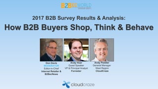 Don Davis
MODERATOR
Editor-in-Chief
Internet Retailer &
B2BecNews
Andy Hoar
Guest Speaker
VP & Principal Analyst
Forrester
Andy Peebler
General Manager
West Region
CloudCraze
2017 B2B Survey Results & Analysis:
How B2B Buyers Shop, Think & Behave
 