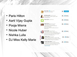 
Paris Hilton

Aarti Vijay Gupta

Pooja Misrra

Nicole Huber

Nishka Lulla

DJ Miss Kelly Marie
 