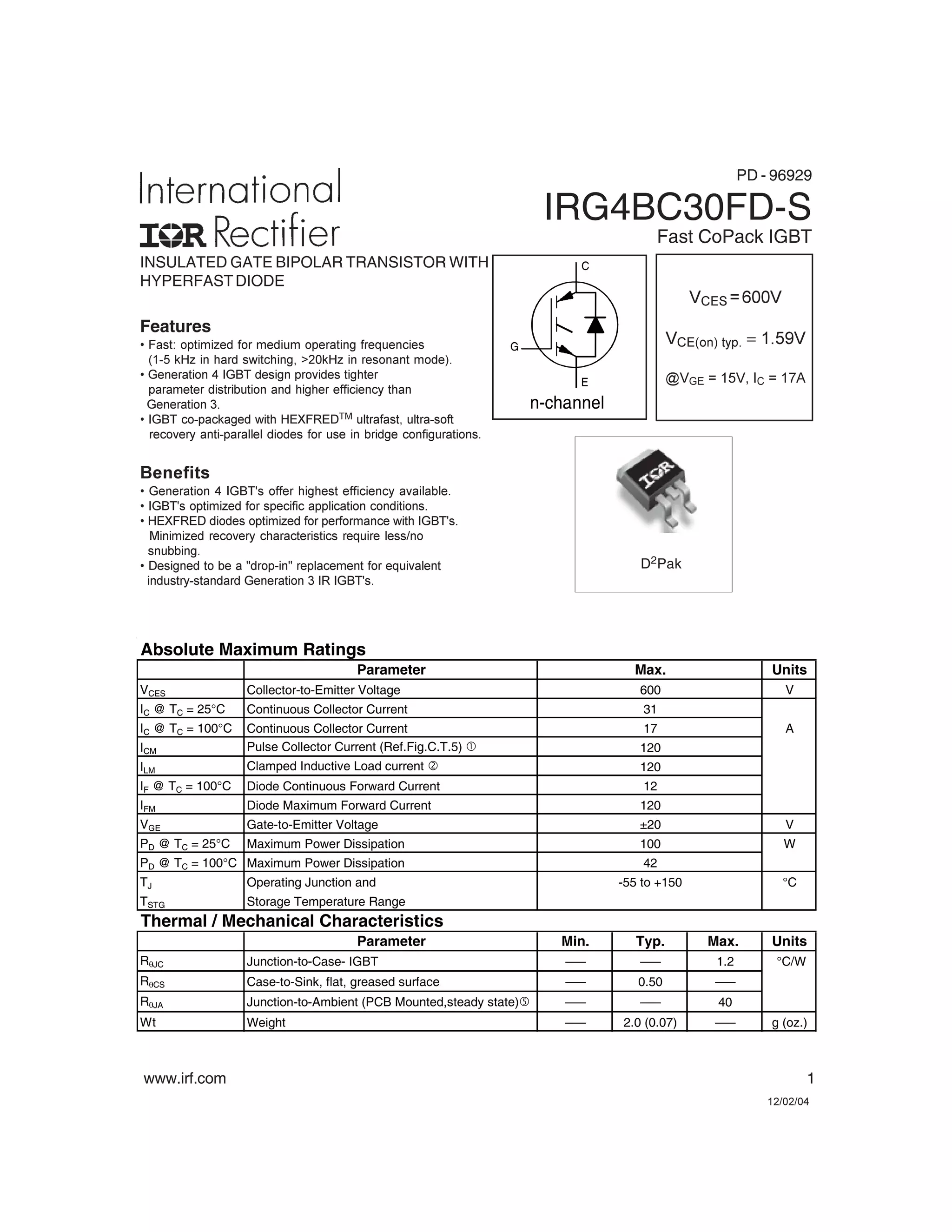 IRGS14C40L IGBT Transistor – 400V, 20A, 125W, D2PAK – IRF (2 Pieces) #BP