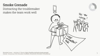 9Illustrated scene — real story /// Source: https://hackthe.org/hack/smoke-grenade/  
(Hacker: Anonymous HCD Innovation Facilitator, Anonymous Innovation Consultancy)
Smoke Grenade
Distracting the troublemaker  
makes the team work well
 