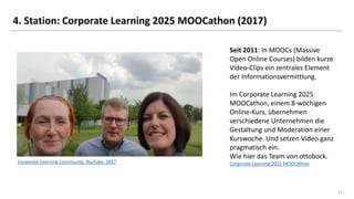 11
4. Station: Corporate Learning 2025 MOOCathon (2017)
Corporate Learning Community, YouTube, 2017
Seit 2011: In MOOCs (Massive
Open Online Courses) bilden kurze
Video-Clips ein zentrales Element
der Informationsvermittlung.
Im Corporate Learning 2025
MOOCathon, einem 8-wöchigen
Online-Kurs, übernehmen
verschiedene Unternehmen die
Gestaltung und Moderation einer
Kurswoche. Und setzen Video ganz
pragmatisch ein.
Wie hier das Team von ottobock.
Corporate Learning 2025 MOOCathon
 