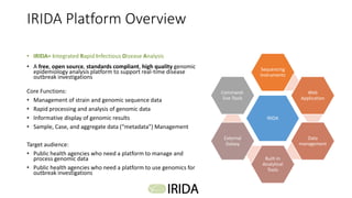IRIDA Platform Overview
• IRIDA= Integrated Rapid Infectious Disease Analysis
• A free, open source, standards compliant, ...